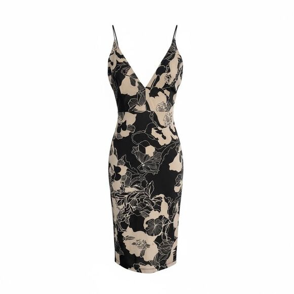 Floral Sleeveless Midi Bodycon Dress Black Tan Size Large - Picture 1 of 7